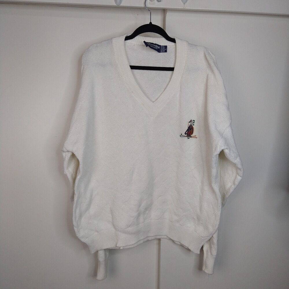 Vtg Scottish Isle By Bernette Golf Grandpa Sweater Men Sz L White Prep USA FLAWS